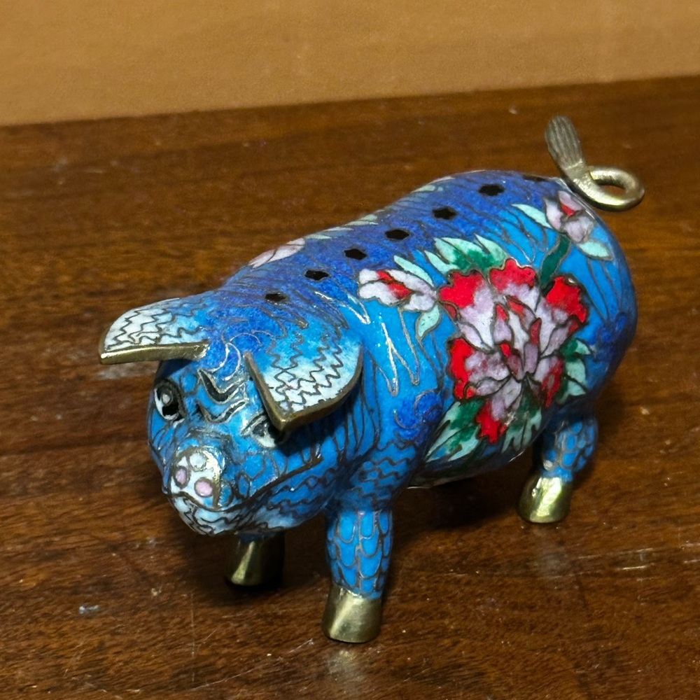 Vintage Brass Pig Blue Enamel Red Lotus Flower Figurine China
